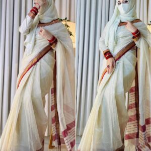 ভাইরাল অফ হোয়াইট শাড়ি ব্লাউজ পিস সহ