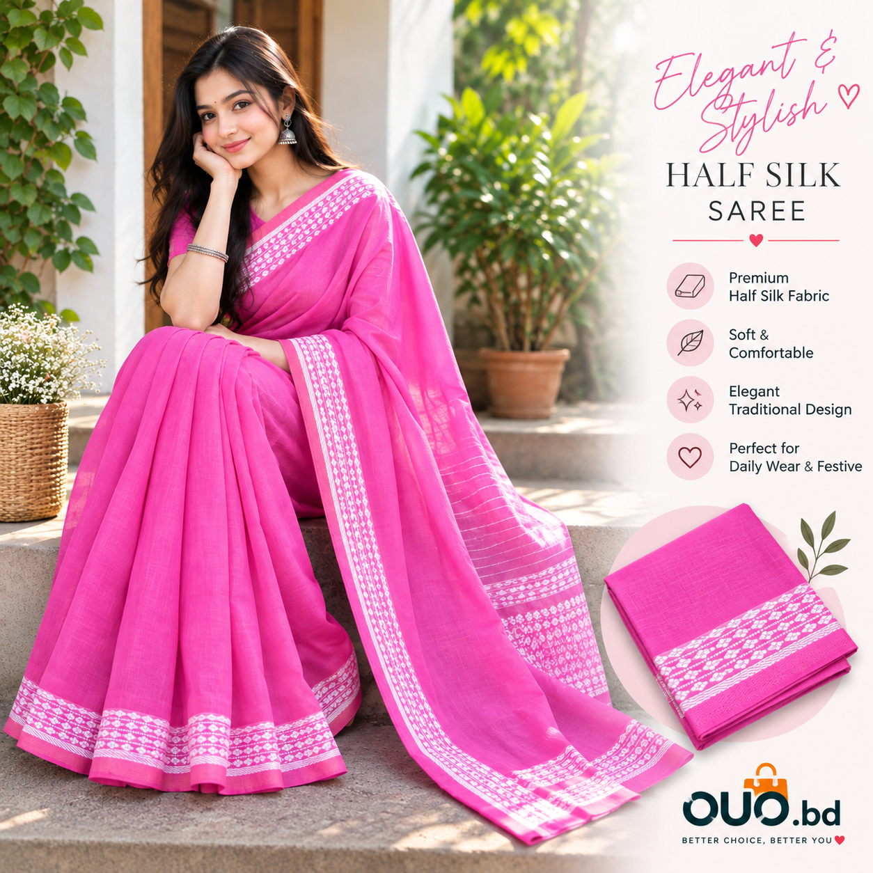 Rani Pink Half Silk Saree