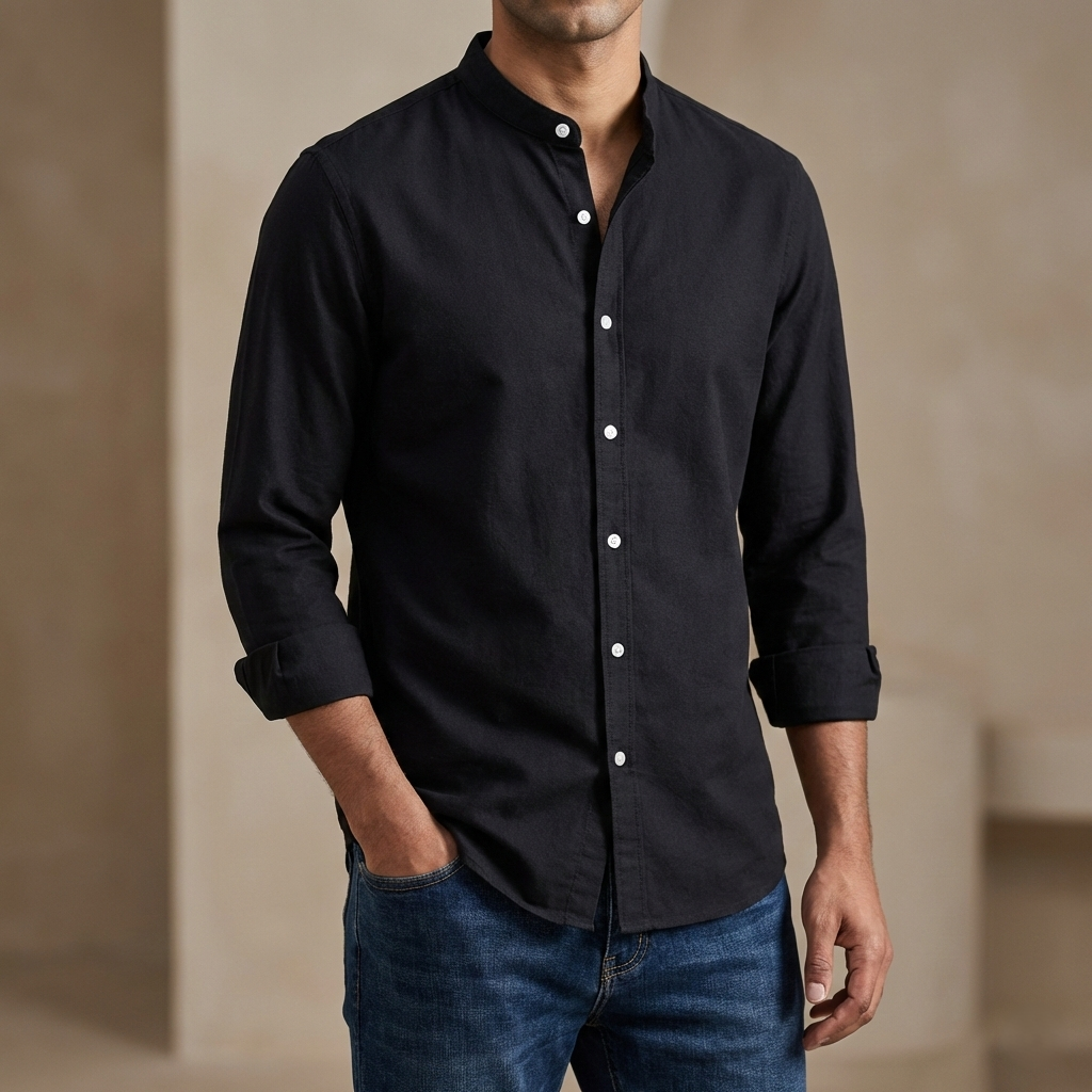 Men's Solid Colour Ban color Shirt (Black)
