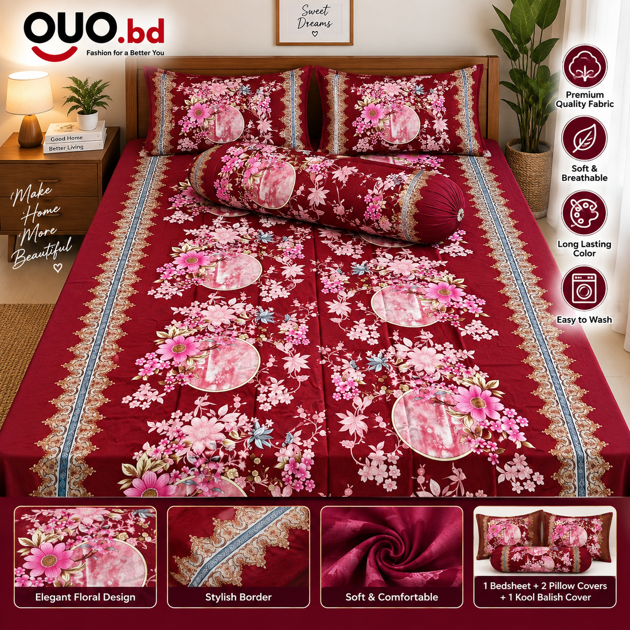 Maroon floral premium bedsheet set with pillow covers and kool balish cover