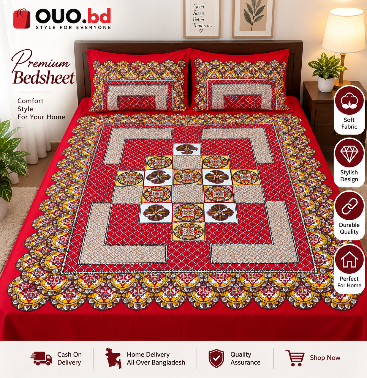 Red geometric premium bedsheet set with two pillow covers