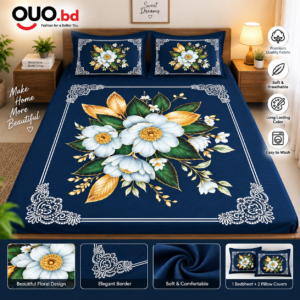 Navy blue floral premium bedsheet set with two pillow covers