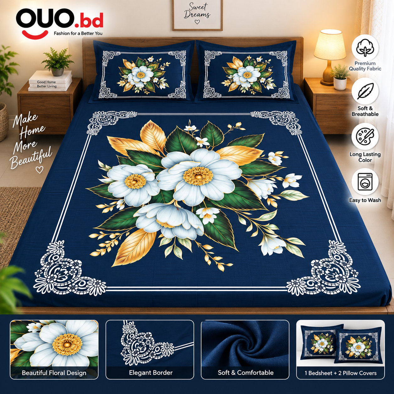 Navy blue floral premium bedsheet set with two pillow covers