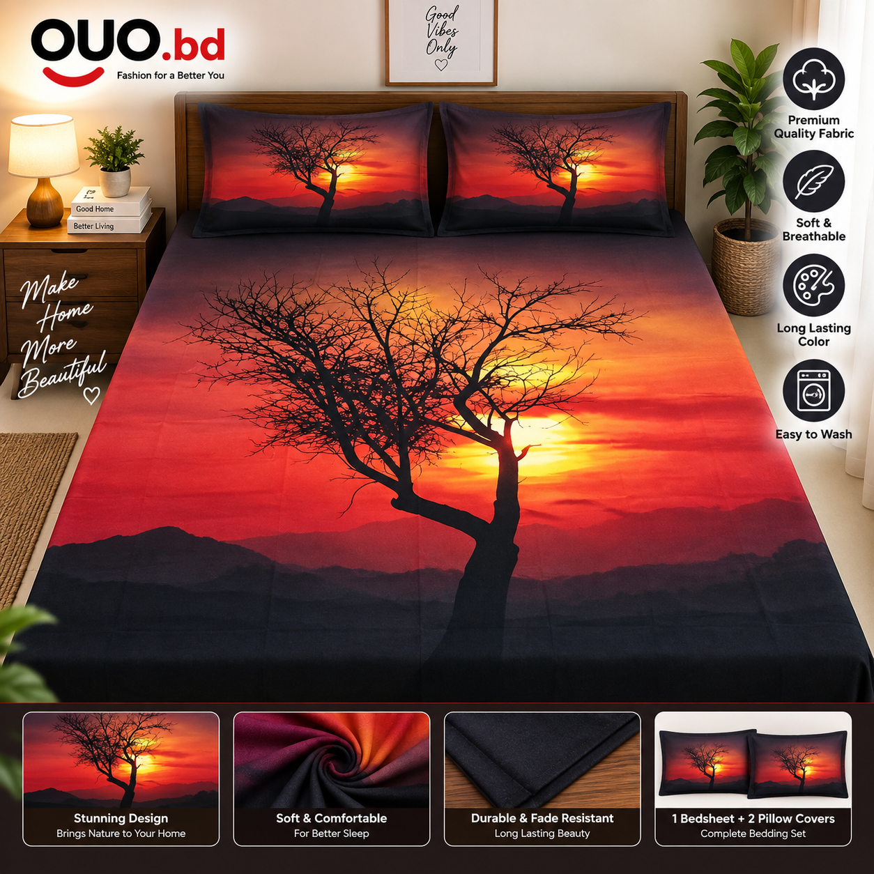 Sunset tree premium bedsheet set with two pillow covers