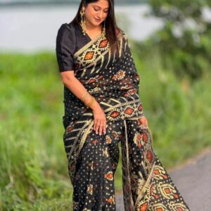 Black Orange Printed Designer Saree
