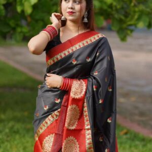 Black Red Floral Motif Designer Saree