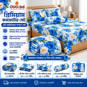 Blue Rose Serenity 3D Velvet Comforter Set with Blue and White Floral Design