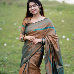 Brown & Teal Blue Jacquard Designer Saree