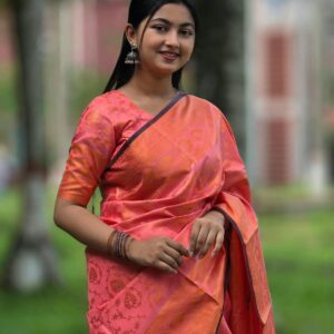 Coral Pink Golden Floral Jacquard Saree