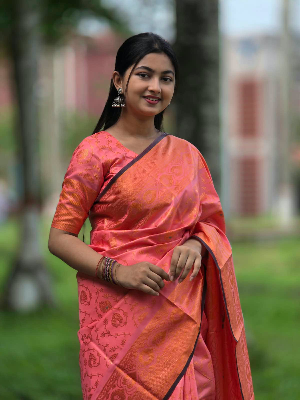 Coral Pink Golden Floral Jacquard Saree