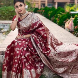 Maroon Cream Floral Printed Designer Saree