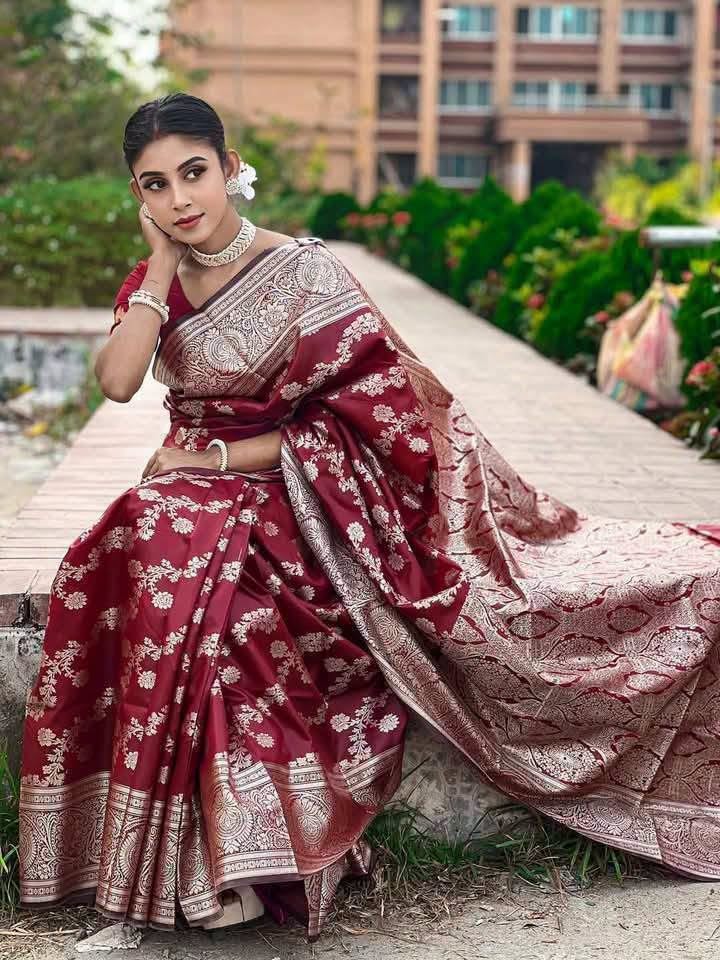 Maroon Cream Floral Printed Designer Saree