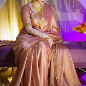 Peach Pink Golden Border Designer Saree