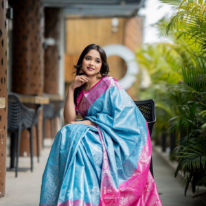 Sky Blue & Pink Floral Design Saree
