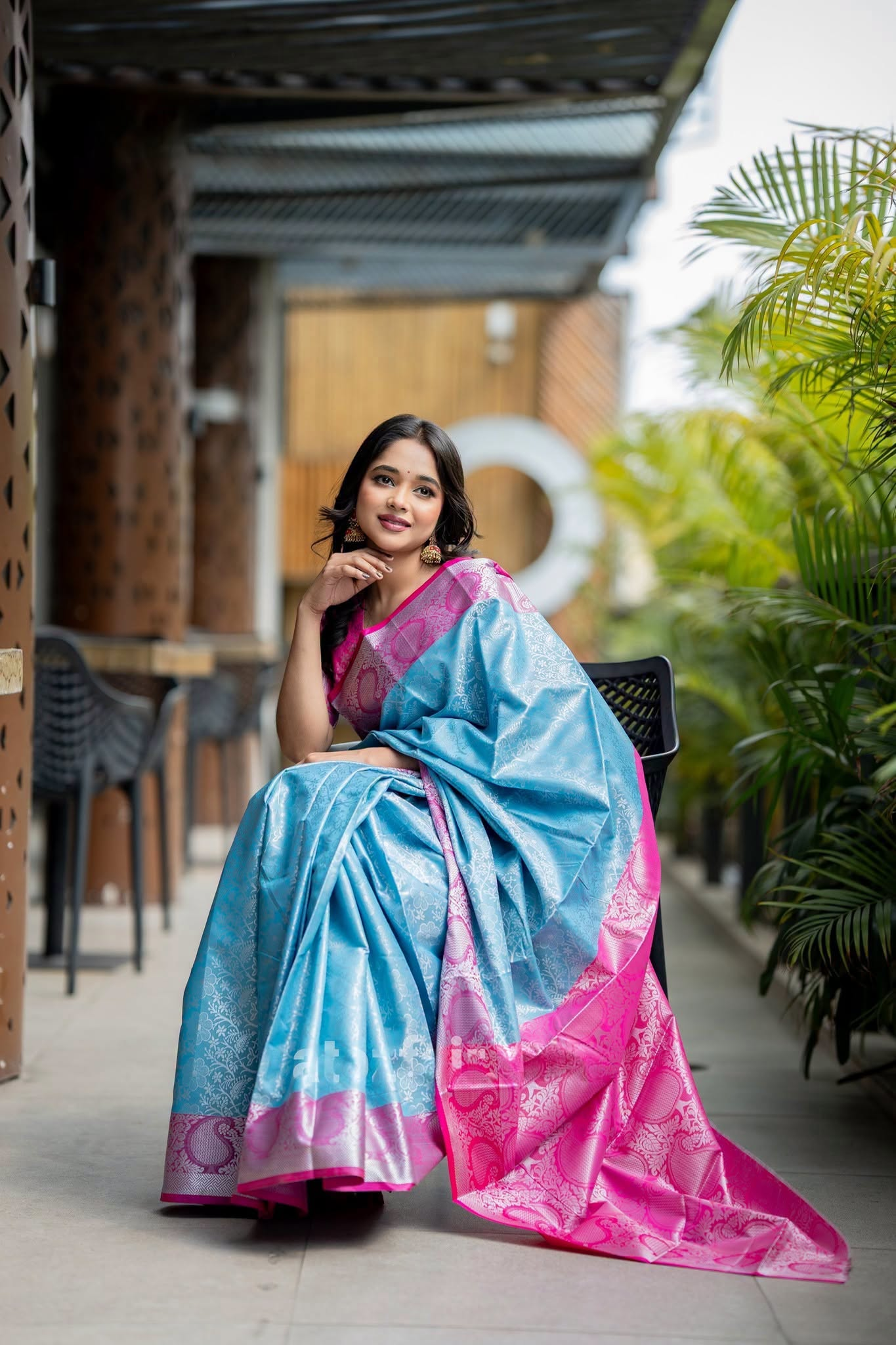 Sky Blue & Pink Floral Design Saree