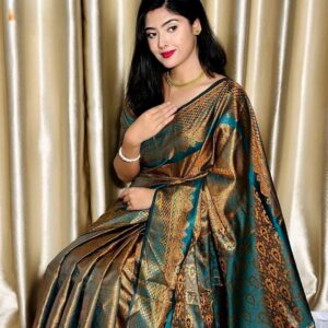 Teal Blue Golden Jacquard Designer Saree