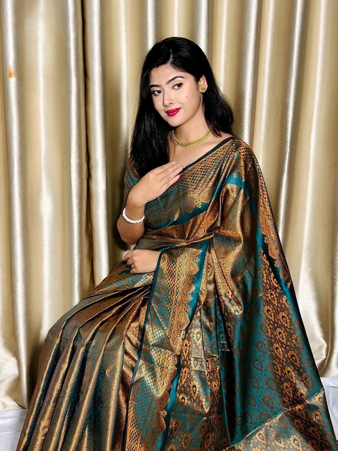 Teal Blue Golden Jacquard Designer Saree