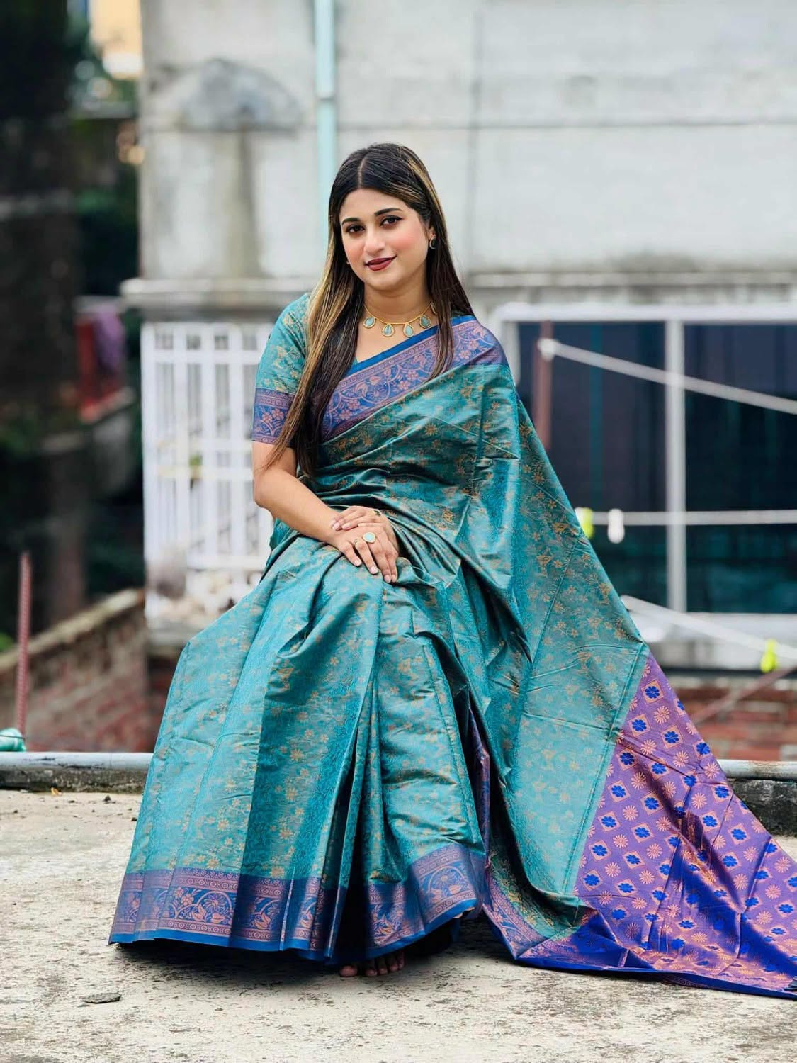 Teal Blue & Purple Floral Designer Saree