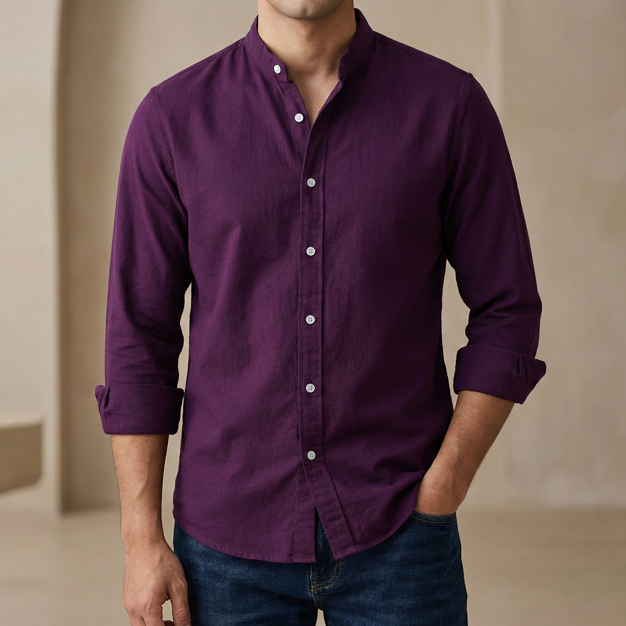 Men's Solid Colour Ban color Shirt (purple)