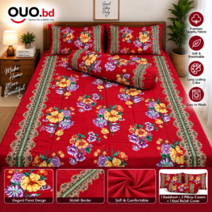 Red floral premium bedsheet set with two pillow covers and kool balish cover
