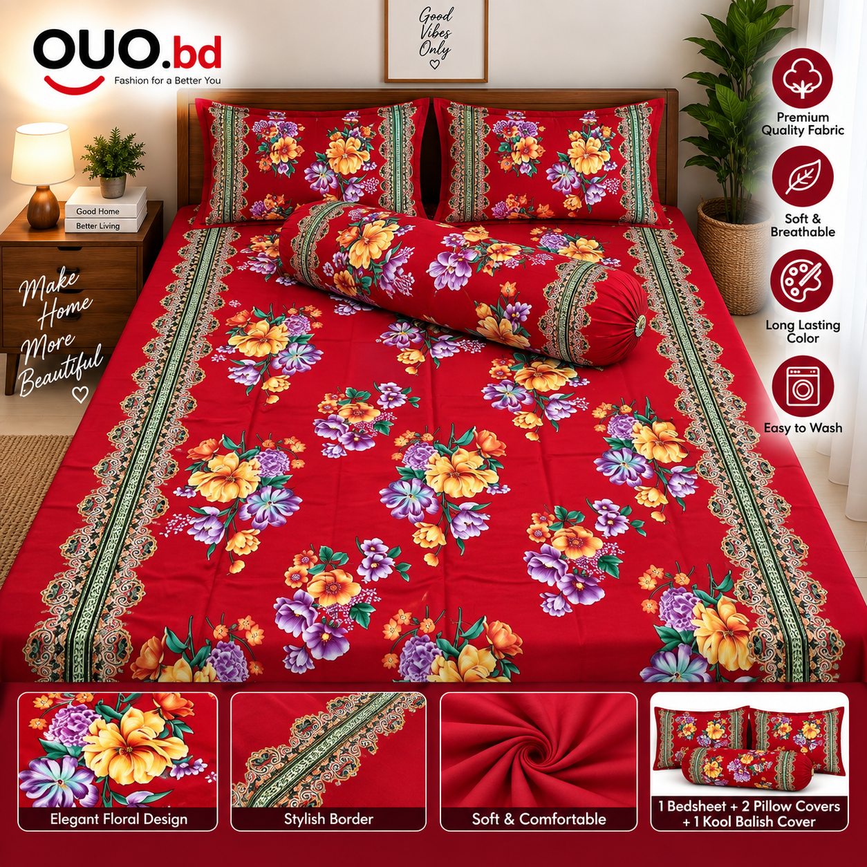 Red floral premium bedsheet set with two pillow covers and kool balish cover