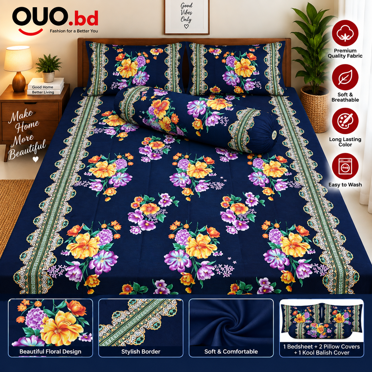Navy blue floral premium bedsheet set with pillow and kool balish covers