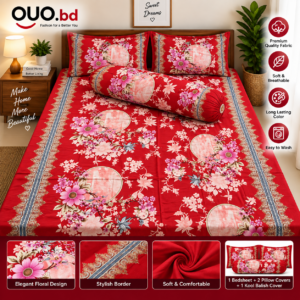 Red Floral Premium Bedsheet Set with Pillow & Kool Balis Cover