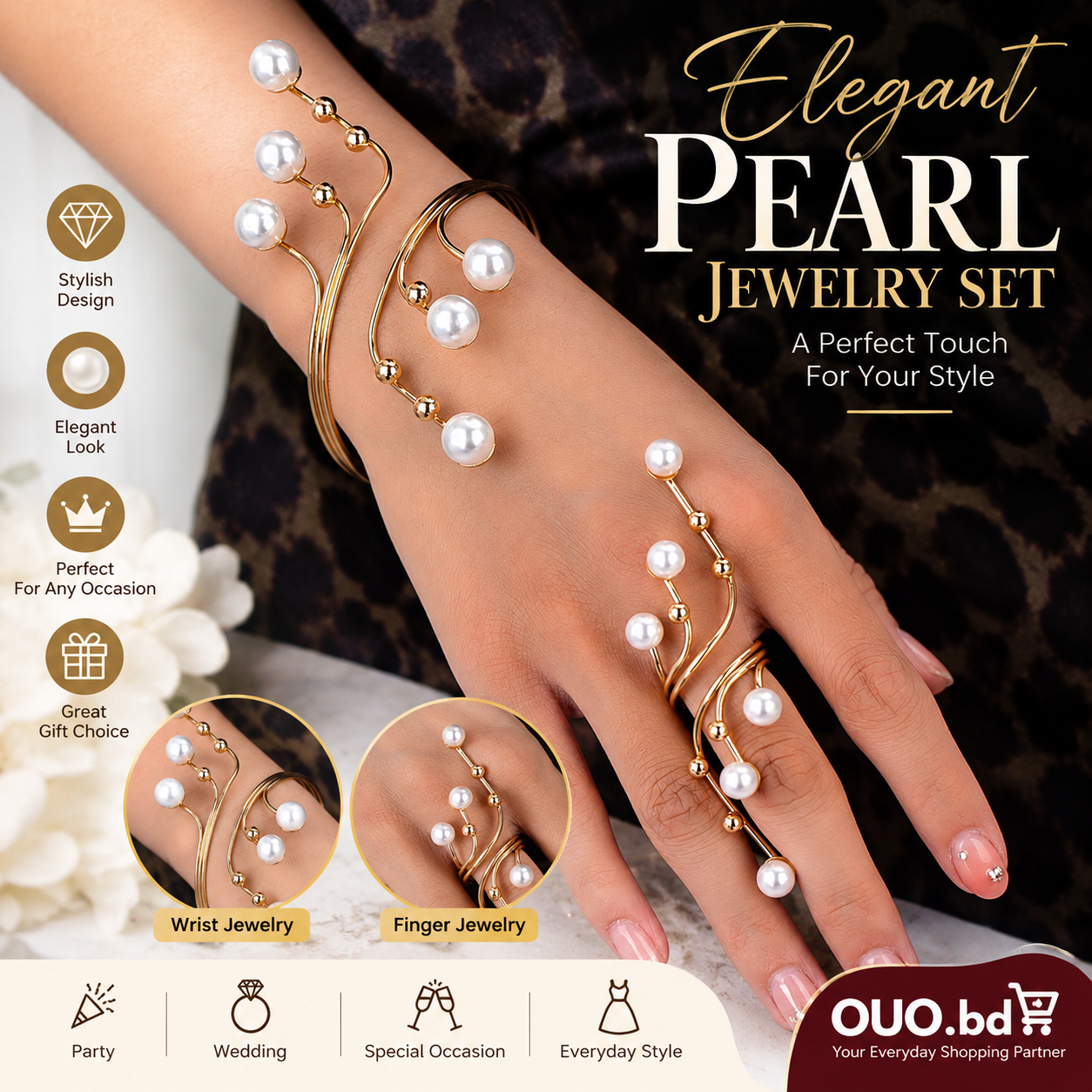 Elegant pearl gold-tone hand and finger jewelry set for women