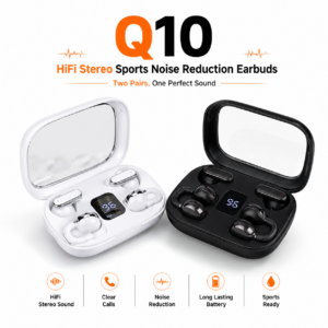 Q10 HiFi Stereo Sports Wireless Earbuds (2 Pairs) – 4-in-1 Combo Set with In-Ear & Open-Ear Clip Design, Bluetooth 5.4, LED Digital Display & IPX4 Waterproof