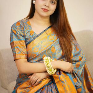 স্কাই ব্লু ও অরেঞ্জ ফুলের নকশার ডিজাইনার শাড়ি